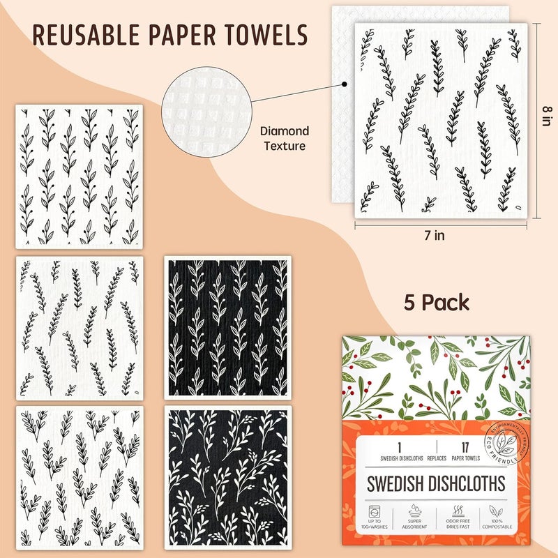 Augine Swedish Dishcloths for Kitchen, 5 Pack Reusable Paper Towels Washable, Super Absorbent Swedish Dish Cloths, Non-Scratch, No Odor - Image 2